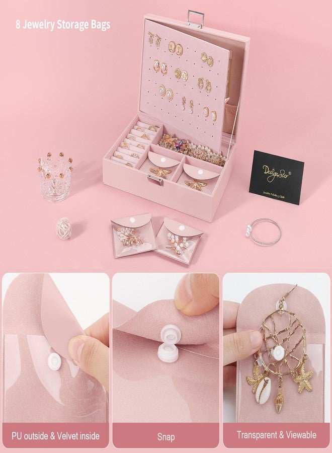 DesignSter Jewelry Box for Woman, 2 Layers Leather Jewelry Organizers and Storage with 8 Small Jewelry Pockets，Jewelry Box for Earrings Necklaces Bracelets with Cleaning Cloth Rings(Pink) - Image 5