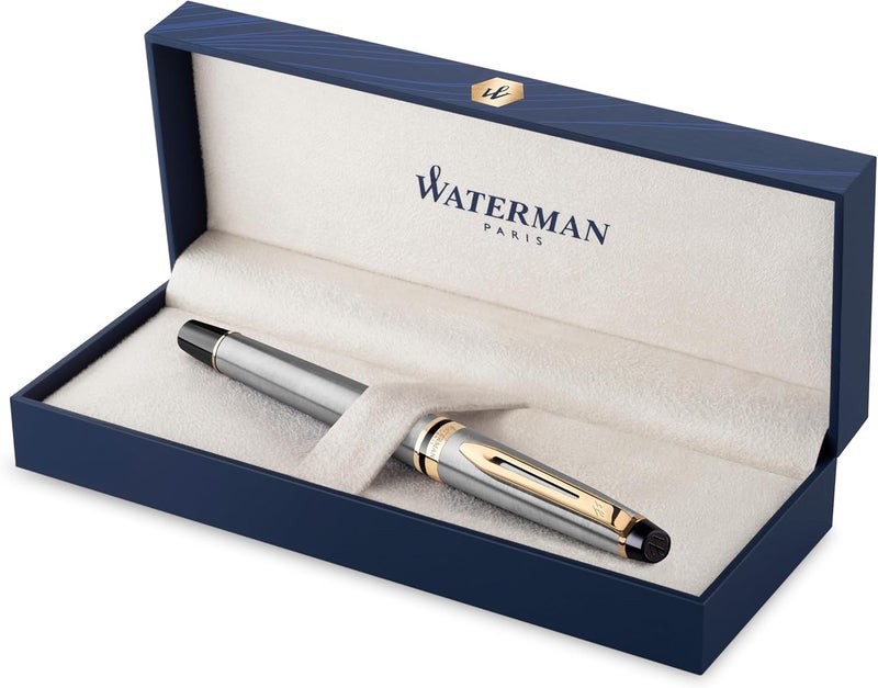 Waterman Expert Stainless Steel with Golden Trim, Fountain Pen with Medium NIB and Blue Ink - Image 1
