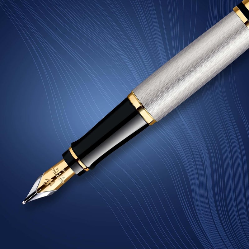 Waterman Expert Stainless Steel with Golden Trim, Fountain Pen with Medium NIB and Blue Ink - Image 4