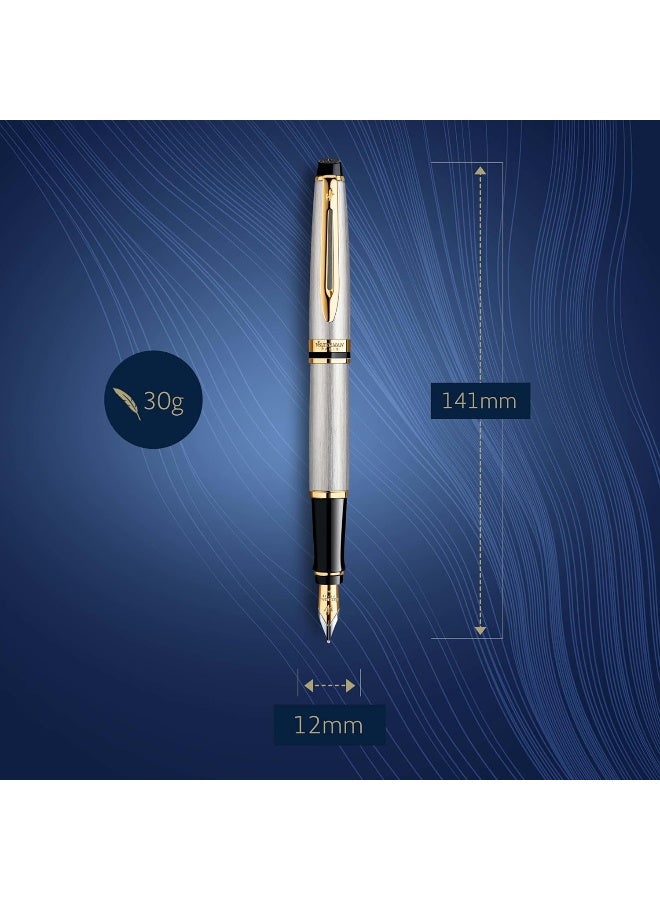 Waterman Expert Stainless Steel with Golden Trim, Fountain Pen with Medium NIB and Blue Ink - Image 3