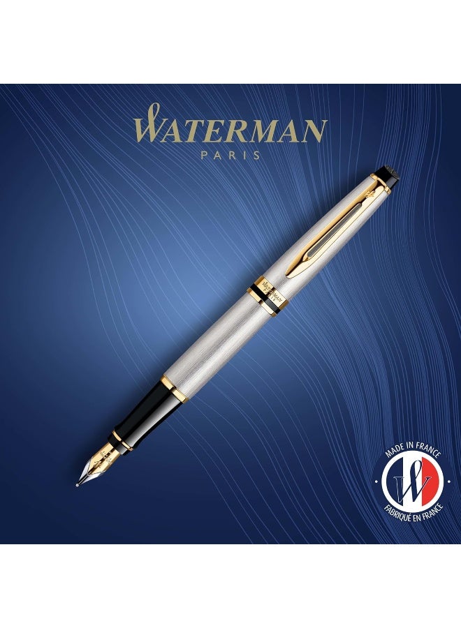 Waterman Expert Stainless Steel with Golden Trim, Fountain Pen with Medium NIB and Blue Ink - Image 2