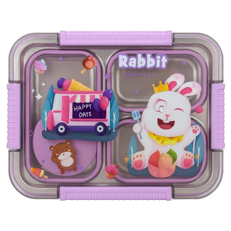 Genaric Lunch Box Stainless Steel Insulated 3 Compartment with Cup, Spoon & Fork, Microwavable and Leak Proof, Food Container 900+150ml for Students, Kids & School (Purple, Rabbit)