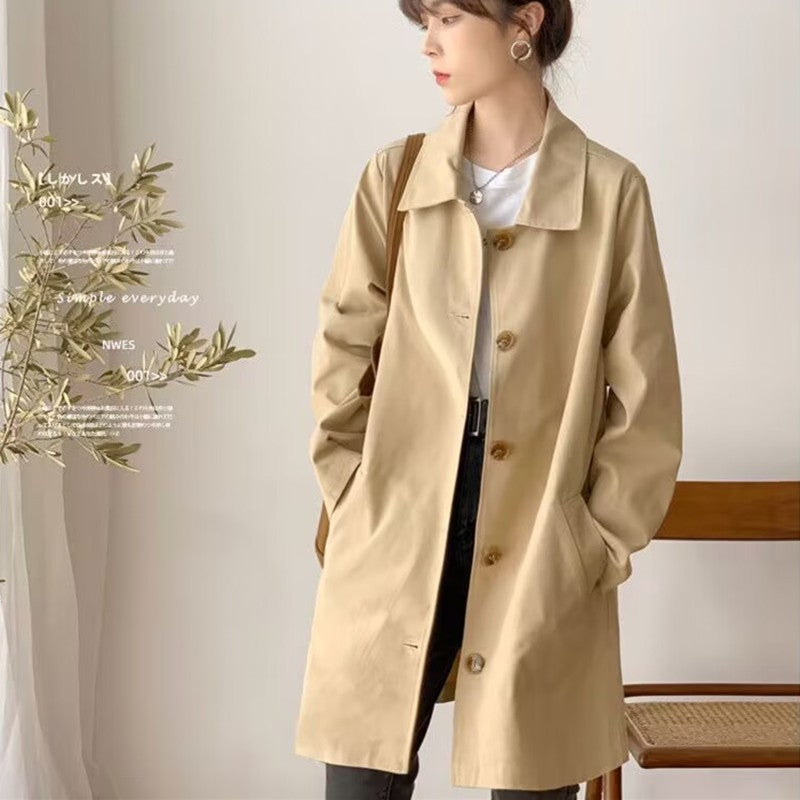Spring and Autumn top womens Korean-style loose windbreaker womens artistic mid-length simple solid color all-matching coat for junior students Fashion Khaki 