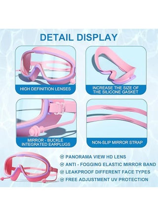 Kids Swim Goggles with Swim Cap, Waterproof Swim Cap Anti-Fog Clear Wide View Swimming Goggles with Ear Plugs for Kids 6-14（Pink) - view 2