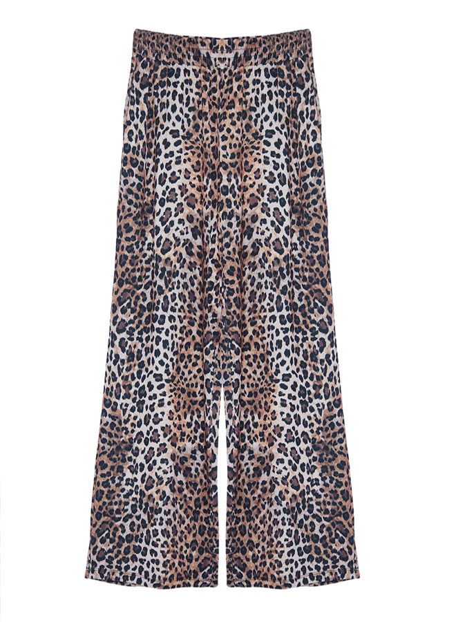 trendyol Leopard Printed Wide Leg/Relaxed Fit High Waist Stretch Trousers - Image 5