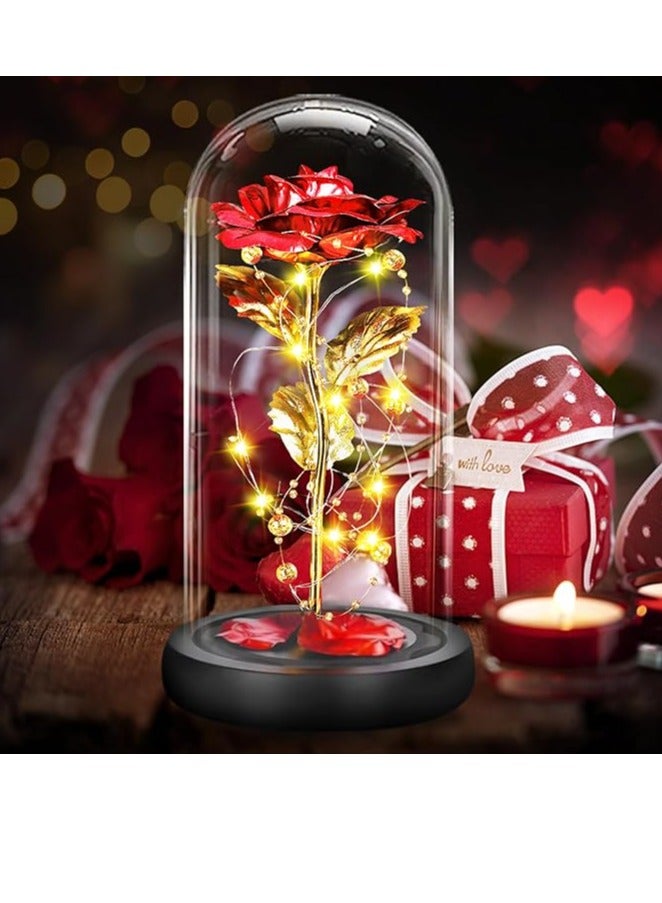 وردة زجاجية  لهدايا عيد الحب زهرة خالدة مع مصباح LED بقبة بتصميم جميلة والوحش لهدية الذكرى السنوية الزفاف للزوجة والأخت والأم - Image 1