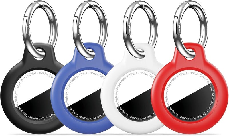 مجموعة MOLOSLEEVE [4 قطع] لحامل Airtag مع سلسلة مفاتيح، غطاء GPS مقاوم للصدمات ومضاد للخدش، إكسسوارات Airtag لحالات تتبع GPS للحقائب والأمتعة، أسود/أزرق/أبيض/أحمر - Image 1