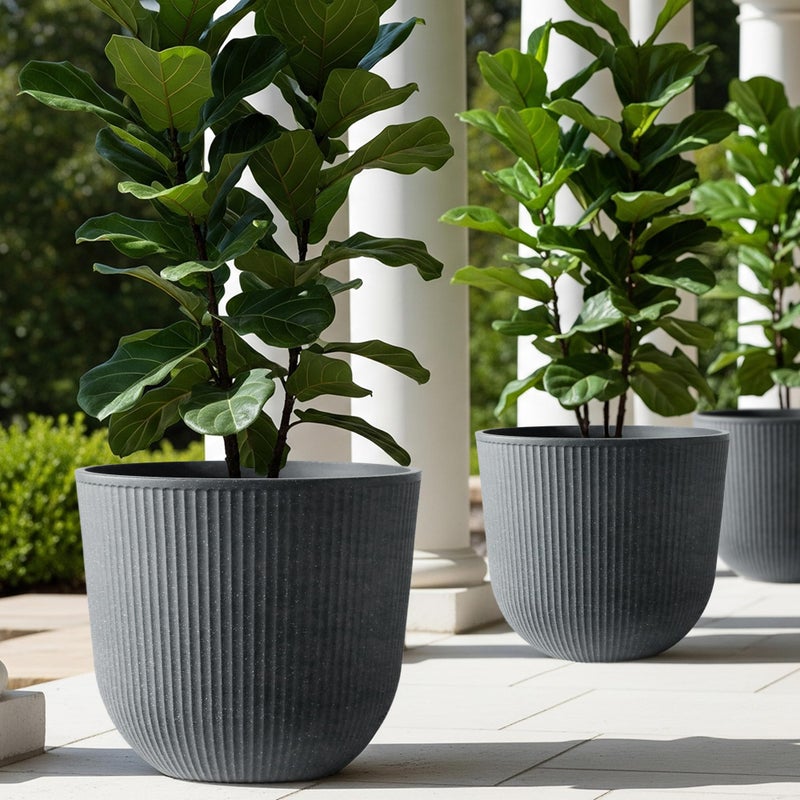 WORTH Garden Round Large Planter Pot Set of 2-17.5" Dia x 15.5" H - Durable Plastic Grey Plant Tree Pots with Vertical Stripe Textured Finish, Drainage Hole for Indoor, Outdoor, Front Porch, Patio - Image 2