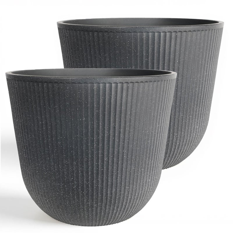 WORTH Garden Round Large Planter Pot Set of 2-17.5" Dia x 15.5" H - Durable Plastic Grey Plant Tree Pots with Vertical Stripe Textured Finish, Drainage Hole for Indoor, Outdoor, Front Porch, Patio - Image 1