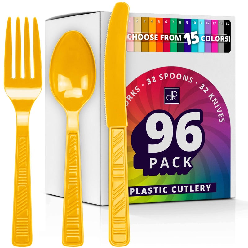 DecorRack Plastic Cutlery Set  Yellow Colored Plastic Silverware Sets for Parties  96 Piece Bulk Heavy Duty Utensils (Yellow  96 Pieces) - Image 1