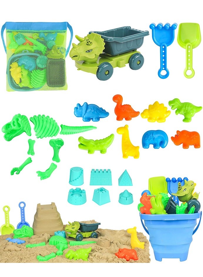 ألعاب رمل الشاطئ للأطفال، بموضوع الديناصورات، مع حقيبة تخزين، وقطعة أحفورية ديناصور، وقوالب متنوعة لأشكال الديناصورات، وعربة ديناصورات بثلاثة قرون، ودلاء قابلة للطي، ومجرفة. لعبة خارجية صيفية مناسبة للبنين والبنات والأطفال. - Image 1