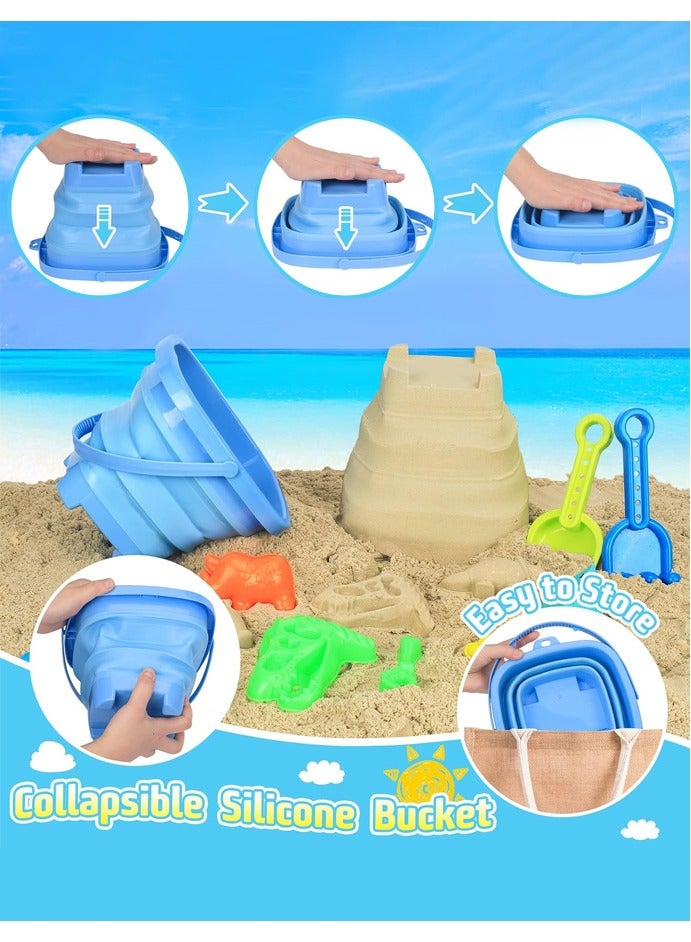 ألعاب رمل الشاطئ للأطفال، بموضوع الديناصورات، مع حقيبة تخزين، وقطعة أحفورية ديناصور، وقوالب متنوعة لأشكال الديناصورات، وعربة ديناصورات بثلاثة قرون، ودلاء قابلة للطي، ومجرفة. لعبة خارجية صيفية مناسبة للبنين والبنات والأطفال. - Image 2