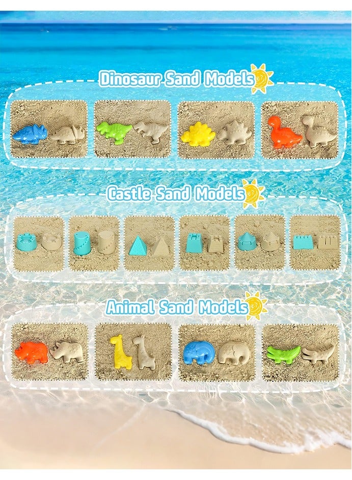 ألعاب رمل الشاطئ للأطفال، بموضوع الديناصورات، مع حقيبة تخزين، وقطعة أحفورية ديناصور، وقوالب متنوعة لأشكال الديناصورات، وعربة ديناصورات بثلاثة قرون، ودلاء قابلة للطي، ومجرفة. لعبة خارجية صيفية مناسبة للبنين والبنات والأطفال. - Image 4