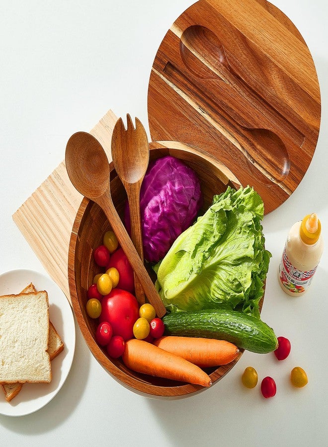 JOYMAY Wood Salad Bowl with Lid - 11.8 Inch Large Wooden Bowls Set Acacia Wood Serving Bowl, Big Salad Bowls with Serving Utensils Bowl for Kitchen, Dining, Party - Image 4