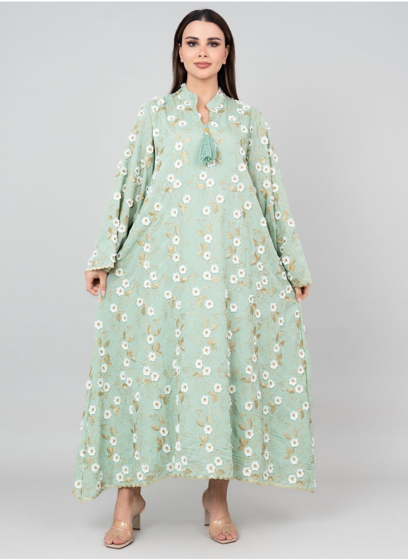 IKKXA Floral Aura Embroidered Jalabiya OMN05 Green  - Image 1