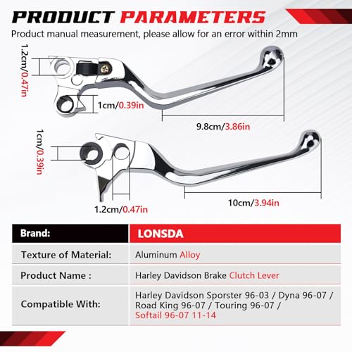 Lonsda Silver Brake Clutch Lever for Harley Davidson 96-03 Sportster 883 1200/96-07 Road King/96-10 Dyna Wide Glide Low Rider/99-09 Night Train/96-10 Fat Boy/Softail 96-14/Street Bob 06-10#OEM 43040 - Image 3