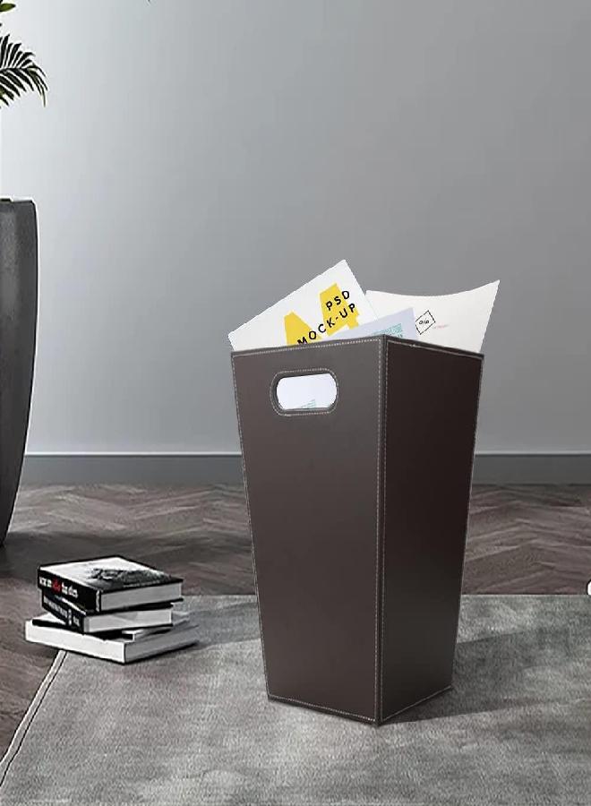KINGFOM KINGFOM Classic Pu Leather Trash Can Wastebasket, Garbage Container Bin with Handles for Bathrooms, Powder Rooms, Kitchens, Home, Office and and High Class Hotel Square Brown - Image 2