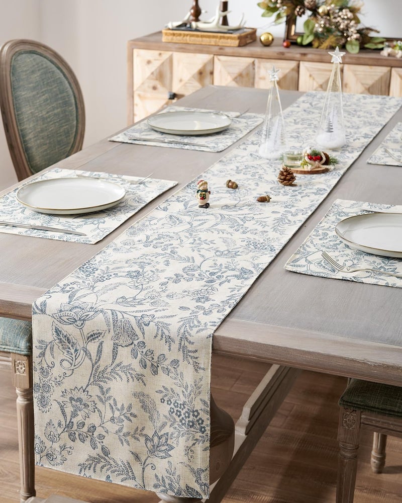 jinchan Spring Table Runner Linen Farmhouse Table Cloth Blue Floral Decorative Table Runners 72 Inch Botanic Printed Burlap Handcrafted Flax Coffee Table Decor 1 Panel Blue on Beige - Image 1