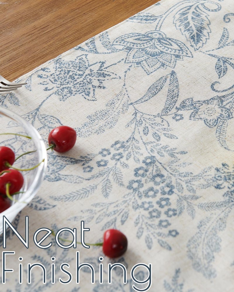 jinchan Spring Table Runner Linen Farmhouse Table Cloth Blue Floral Decorative Table Runners 72 Inch Botanic Printed Burlap Handcrafted Flax Coffee Table Decor 1 Panel Blue on Beige - Image 4
