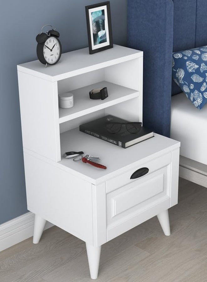 Home Canvas Bedside Table Night Stand with 2 Shelves and Membrane Drawer, White - Image 1