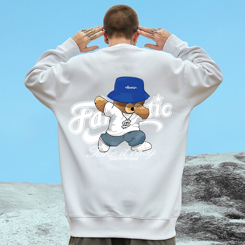 2025 Plus Size 150Kg American Bear Print Sweatshirt Men'S Hong Kong Style Off-Shoulder Loose Jacket Ins - Image 3