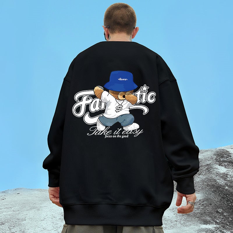 2025 Plus Size 150Kg American Bear Print Sweatshirt Men'S Hong Kong Style Off-Shoulder Loose Jacket Ins - Image 2