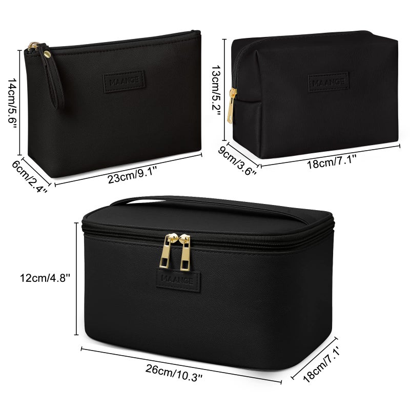 MAANGE Makeup Bag - Large Cosmetic Bag with 2pcs Small Makeup Bags Portable Leather Travel Makeup Bag Set Toiletry Bag Make Up Bags for Women and Girls (Black) - Image 3