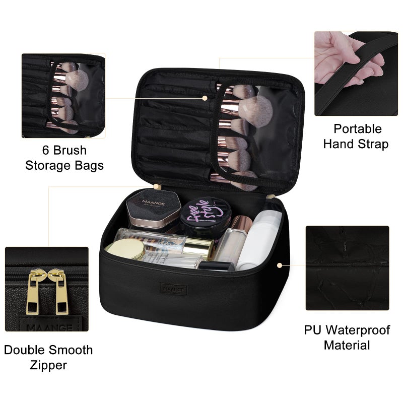 MAANGE Makeup Bag - Large Cosmetic Bag with 2pcs Small Makeup Bags Portable Leather Travel Makeup Bag Set Toiletry Bag Make Up Bags for Women and Girls (Black) - Image 4