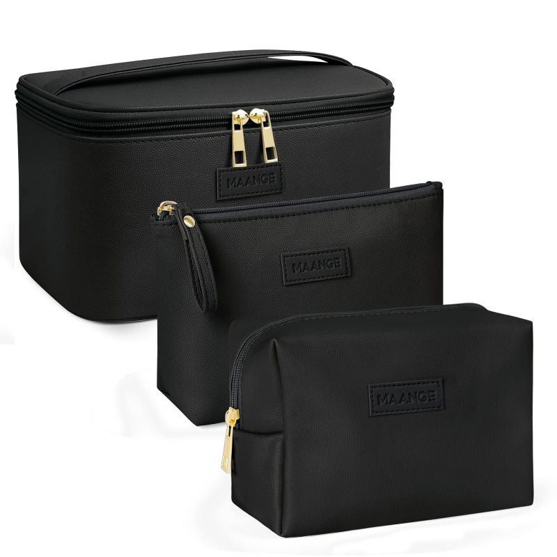 MAANGE Makeup Bag - Large Cosmetic Bag with 2pcs Small Makeup Bags Portable Leather Travel Makeup Bag Set Toiletry Bag Make Up Bags for Women and Girls (Black) - Image 1