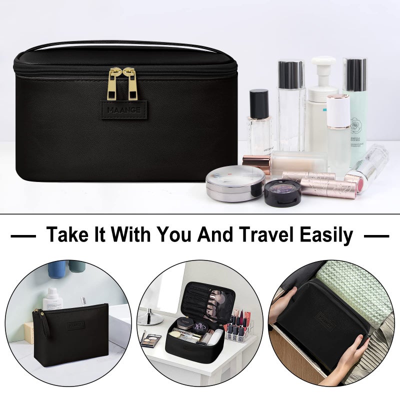 MAANGE Makeup Bag - Large Cosmetic Bag with 2pcs Small Makeup Bags Portable Leather Travel Makeup Bag Set Toiletry Bag Make Up Bags for Women and Girls (Black) - Image 5