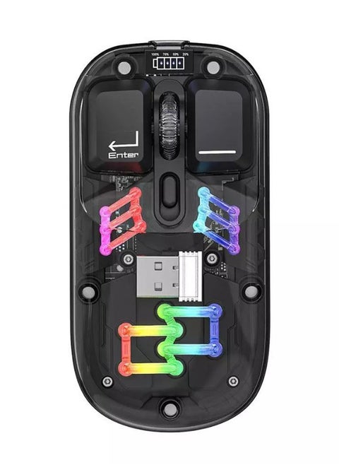 ماوس بلوتوث لاسلكي شفاف ثنائي الوضع RGB مريح عالمي قابل للتعديل إلى 1600 نقطة في البوصة / FV-T7 أسود