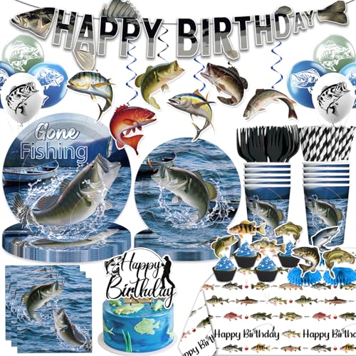 cocomigo 205Pcs Fishing Birthday Party Decorations Tableware Set Serves 25 Guests Ofishally One Birthday Decorations includes Banner Plates Cake Topper Cupcake Toppers Gone Fishing Supplies for Boy - Image 1