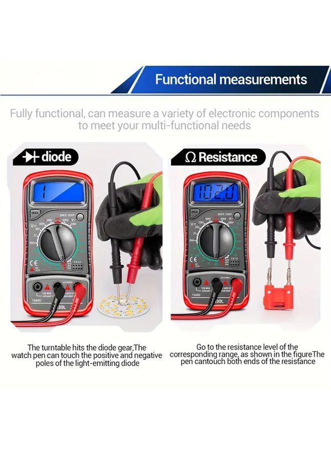مقياس متعدد رقمي XL830L أحمر، 10A تيار مستمر، 1999 قياس، اختبار الدايود والترانزستور HFE - Image 5
