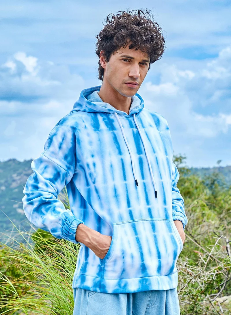 Campus Sutra Men's White & Blue Tie Dye Oversized Hoodie With Kangaroo Pocket