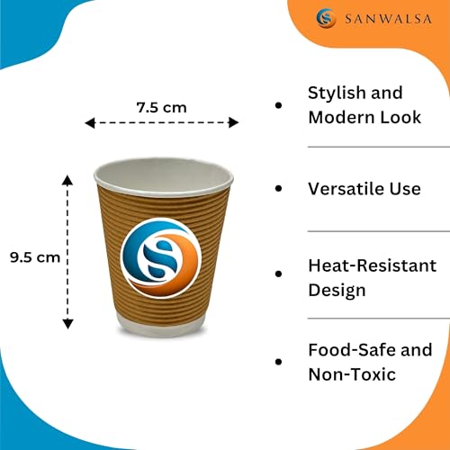 SANWALSA [250 ml, 100 Count, Brown Disposable Ripple Paper Cups | Eco-Friendly & Heat-Resistant Cups for Wedding, Party, Picnic, Cafes | Ideal for Tea, Coffee, Juice & Water - Image 2