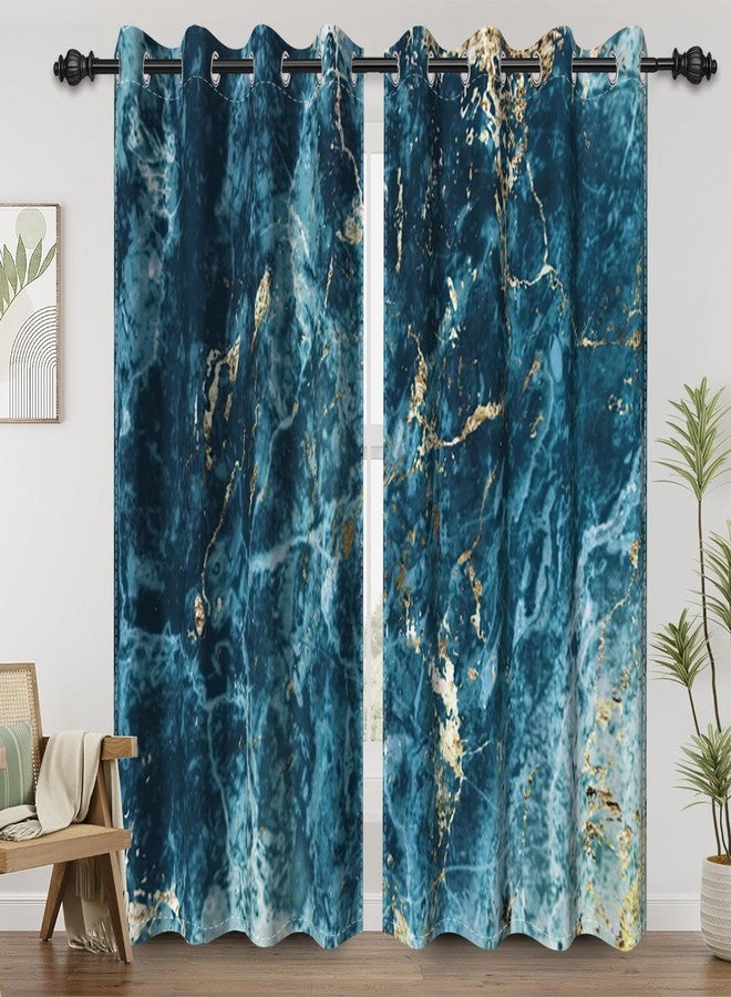 Renaiss Teal Marble Blackout Curtains for Bedroom Abstract Blue Gold Ocean Granite Window Curtain Modern Luxury Art Window Drapes for Living Room Decor Curtains 2 Panels Set, 42x63 Inch - Image 1