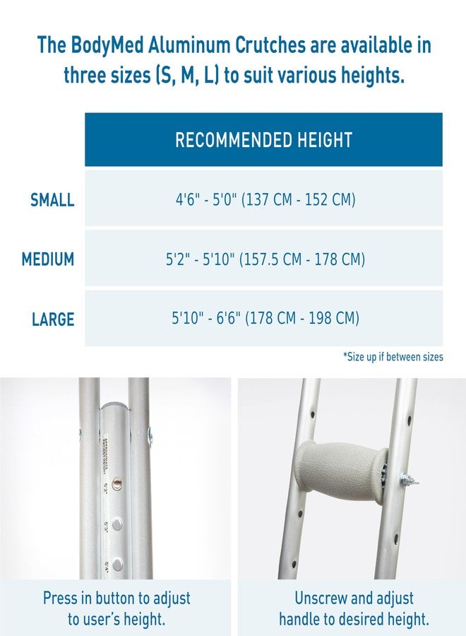 بودي ميد عكازات ألومنيوم من BodyMed، صغيرة (زوج) - ارتفاع قابل للتعديل (من 4 أقدام و6 بوصات إلى 5 أقدام)، تصميم خفيف الوزن، وسائد مبطنة تحت الإبط ومقابض لليد، أطراف مطاطية مانعة للانزلاق - تتحمل وزنًا يصل إلى 300 رطل - Image 3
