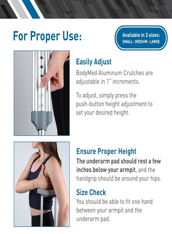 بودي ميد عكازات ألومنيوم من BodyMed، صغيرة (زوج) - ارتفاع قابل للتعديل (من 4 أقدام و6 بوصات إلى 5 أقدام)، تصميم خفيف الوزن، وسائد مبطنة تحت الإبط ومقابض لليد، أطراف مطاطية مانعة للانزلاق - تتحمل وزنًا يصل إلى 300 رطل - Image 2