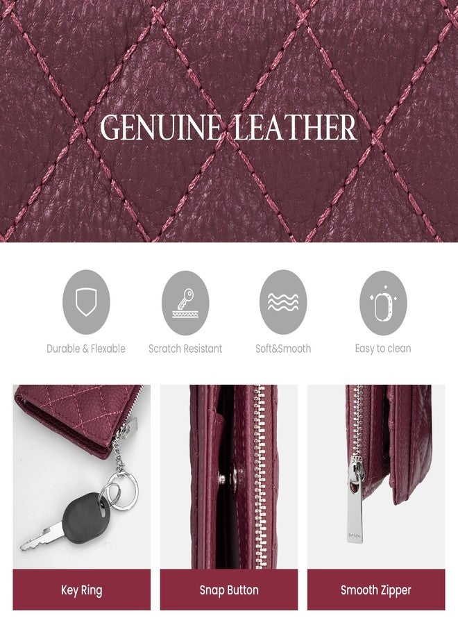 befen Real Leather Small RFID Blocking Wallet for Women with Credit Card Holder Zipper Coin Pocket Key Chain Wallets - Burgundy Red - Image 5