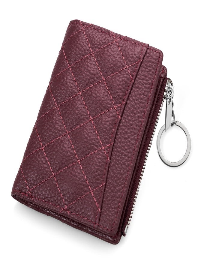 befen Real Leather Small RFID Blocking Wallet for Women with Credit Card Holder Zipper Coin Pocket Key Chain Wallets - Burgundy Red - Image 1