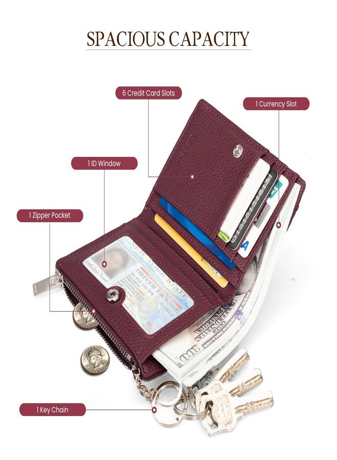 befen Real Leather Small RFID Blocking Wallet for Women with Credit Card Holder Zipper Coin Pocket Key Chain Wallets - Burgundy Red - Image 3
