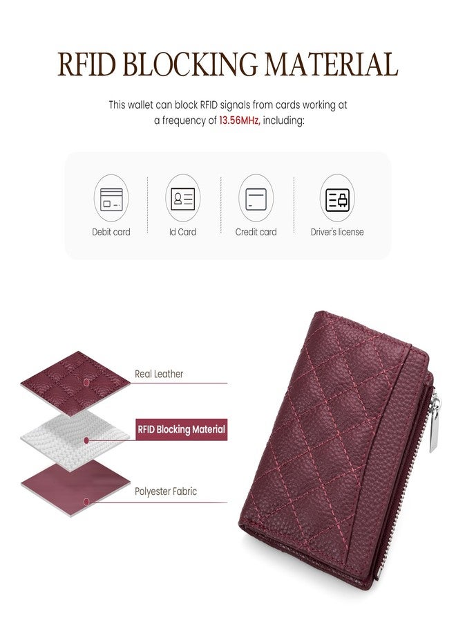 befen Real Leather Small RFID Blocking Wallet for Women with Credit Card Holder Zipper Coin Pocket Key Chain Wallets - Burgundy Red - Image 4