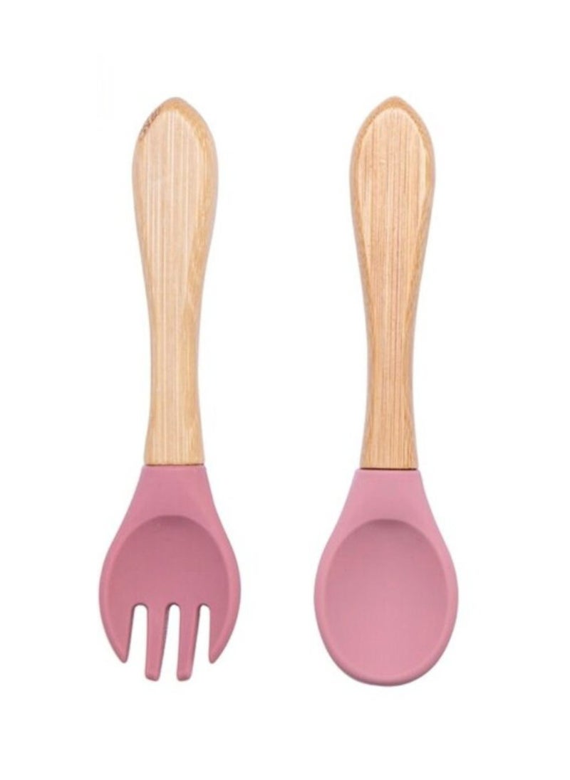 OQUERA - Wooden Bamboo Cartoon Dinner Plate Silicone Suction With Silicone Bamboo Spoon Fork Set for Baby Feeding: Teddy Design - Pink - Image 1