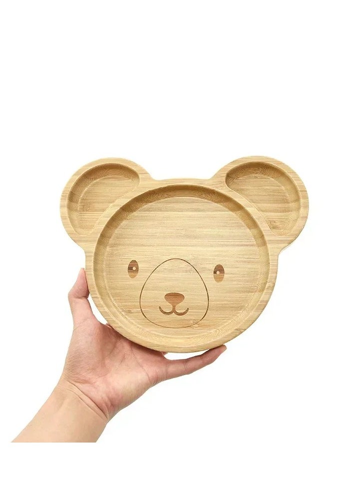 OQUERA - Wooden Bamboo Cartoon Dinner Plate Silicone Suction With Silicone Bamboo Spoon Fork Set for Baby Feeding: Teddy Design - Pink - Image 1