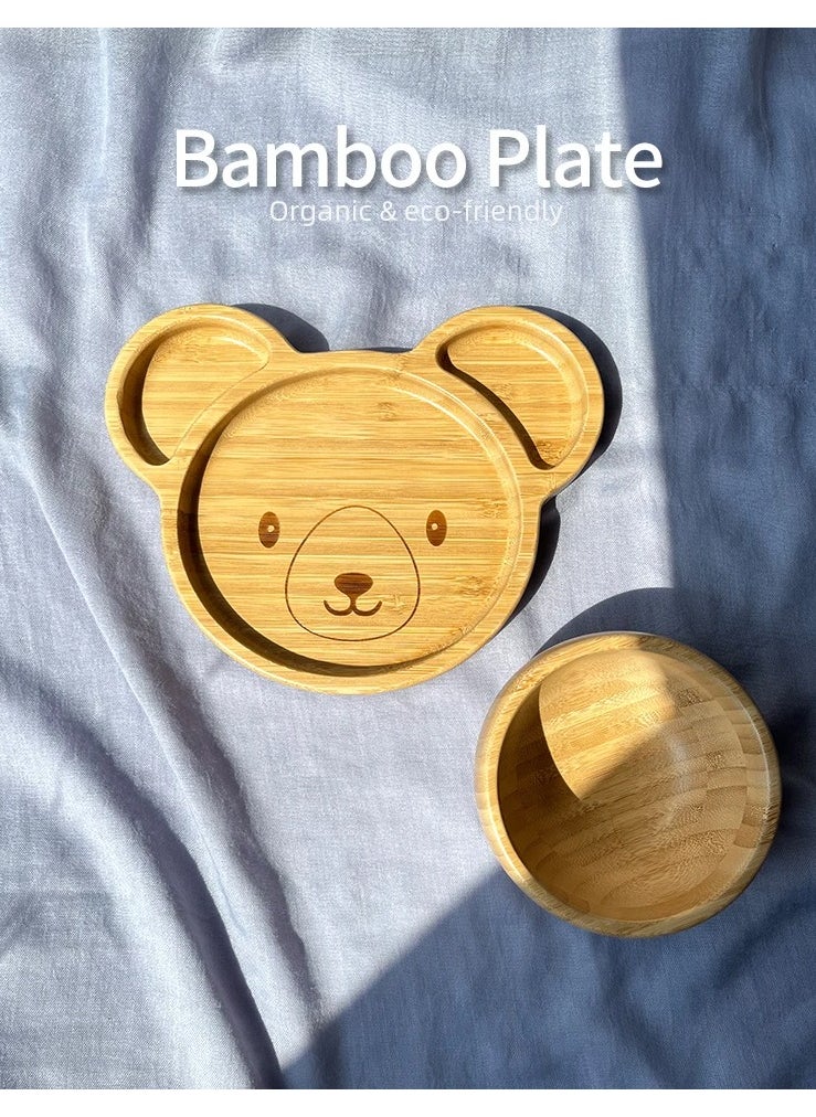 OQUERA - Wooden Bamboo Cartoon Dinner Plate Silicone Suction With Silicone Bamboo Spoon Fork Set for Baby Feeding: Teddy Design - Pink - Image 1