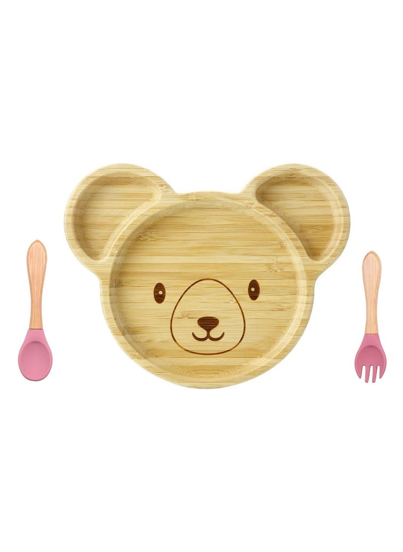 OQUERA - Wooden Bamboo Cartoon Dinner Plate Silicone Suction With Silicone Bamboo Spoon Fork Set for Baby Feeding: Teddy Design - Pink - Image 1