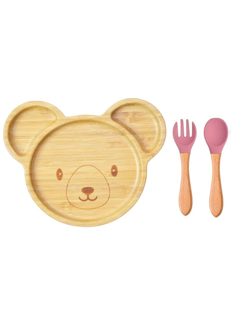 OQUERA - Wooden Bamboo Cartoon Dinner Plate Silicone Suction With Silicone Bamboo Spoon Fork Set for Baby Feeding: Teddy Design - Pink - Image 1