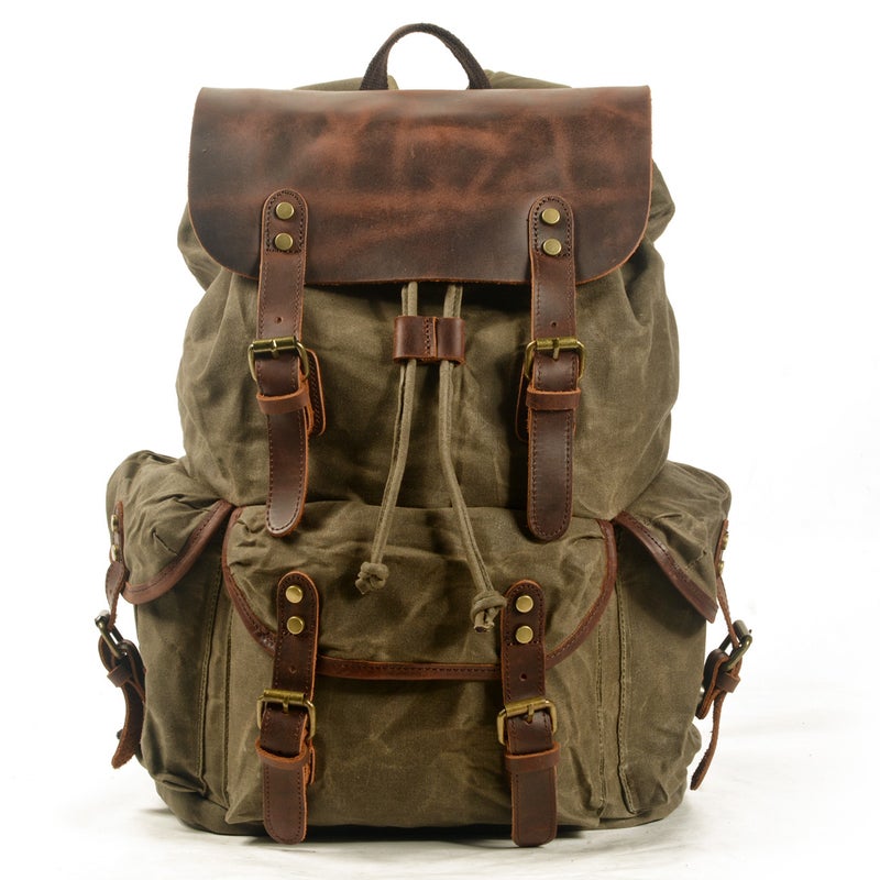 Casual Student Backpack Retro Backpack Drawstring Men'S Oil Wax Canvas Bag Trendy Cross-Body Travel Backpack - Image 1