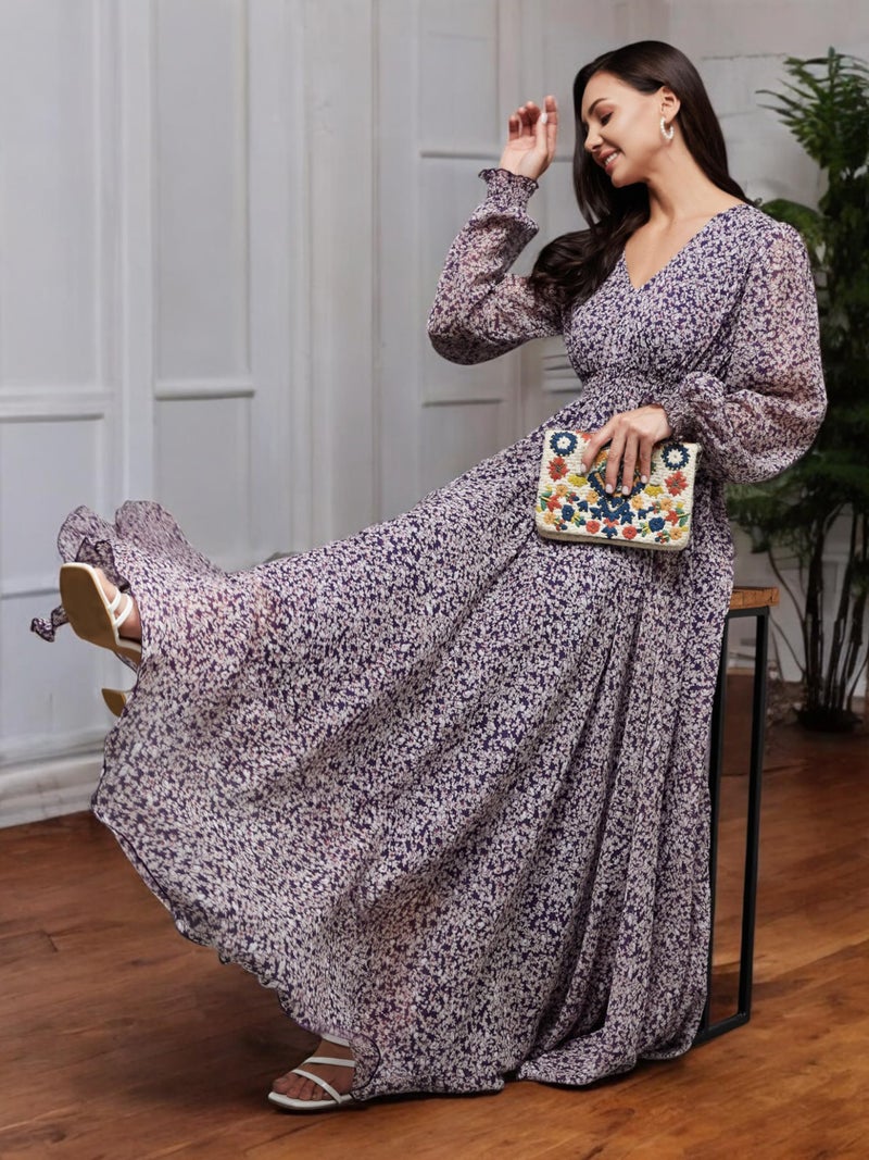 Miss Chase Women's V-Neck Bishop Sleeve Floral Gathered Chiffon Maxi Dress (MCSS25D93-23-190-06, Multicolored Base Purple, XL) - Image 2