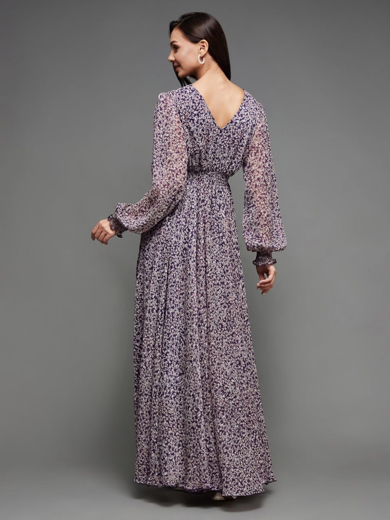 Miss Chase Women's V-Neck Bishop Sleeve Floral Gathered Chiffon Maxi Dress (MCSS25D93-23-190-06, Multicolored Base Purple, XL) - Image 5